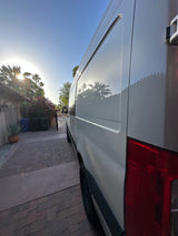 White RV rental van reflecting palm trees on a sunny brick driveway, ready for adventure.