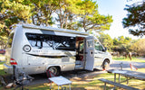 Zen Den **RV rental** parked in nature with an open door, while a herd of elk graze peacefully. Perfect for camping!