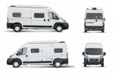 Side, rear, and front views of two distinct white camper vans, ideal for RV rental trips.