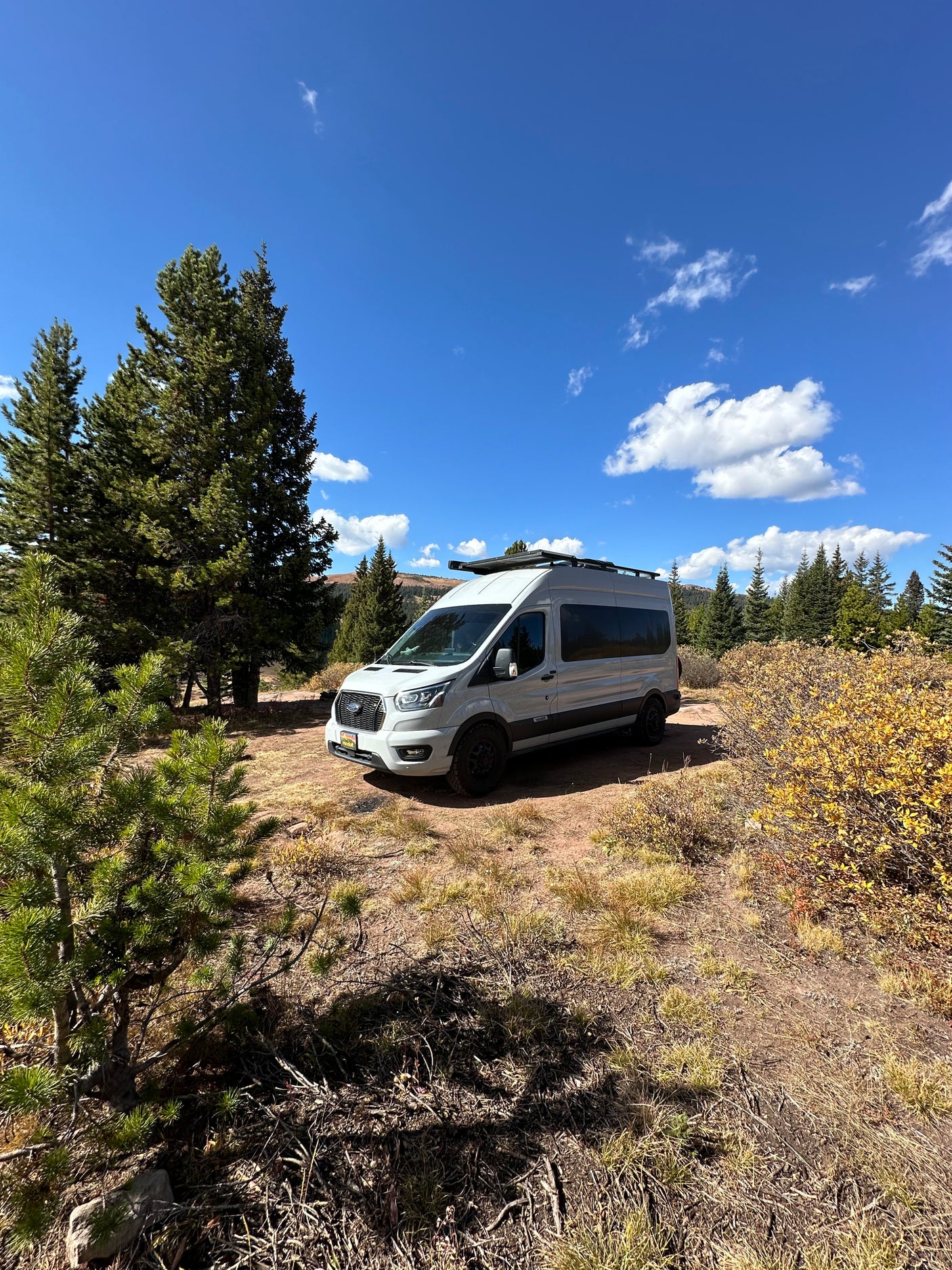 Adventure-ready white RV rental parked among pine trees under a clear blue sky, perfect for off-grid camping.