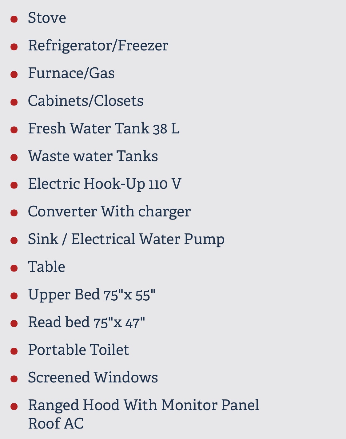 RV rental: A detailed list of features including stove, fridge, water tanks, beds, portable toilet, furnace, and roof AC. Essential amenities for your trip.
