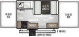 This RV rental floor plan shows a pop-up camper with 48x80 & 60x80 beds, 40x74 dinette, fridge, and carry-out range.