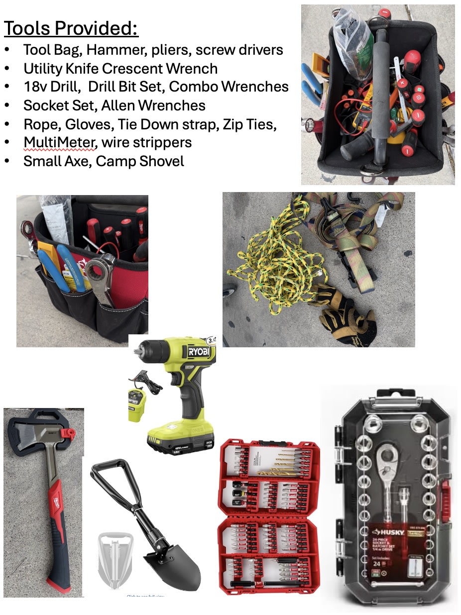 Prepare for any RV rental journey with a full toolkit: drill, axe, shovel, socket set, rope, electrical, & hand tools.