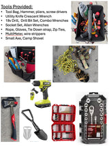 Prepare for any RV rental journey with a full toolkit: drill, axe, shovel, socket set, rope, electrical, & hand tools.
