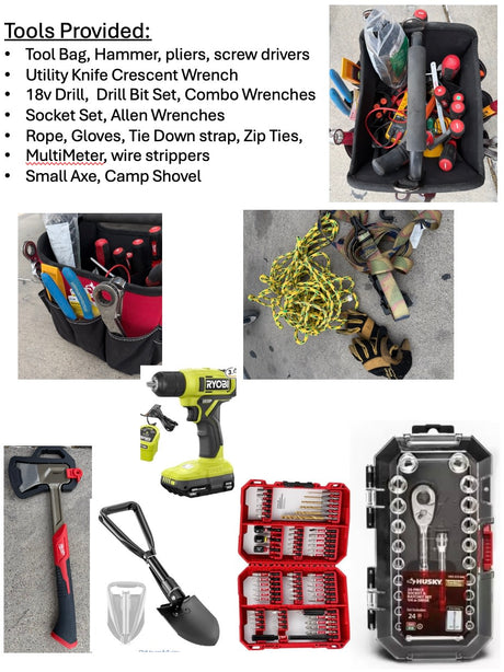 Prepare for any RV rental journey with a full toolkit: drill, axe, shovel, socket set, rope, electrical, & hand tools.