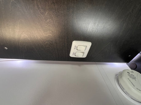 RV rental: Overhead light switches for porch/ceiling and a First Alert carbon monoxide detector for safety.
