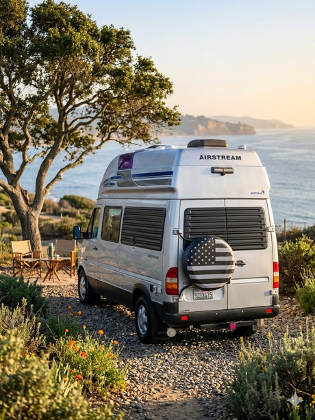Enjoy coastal camping with this Airstream RV rental. Silver van, American flag spare, scenic ocean view & outdoor setup.