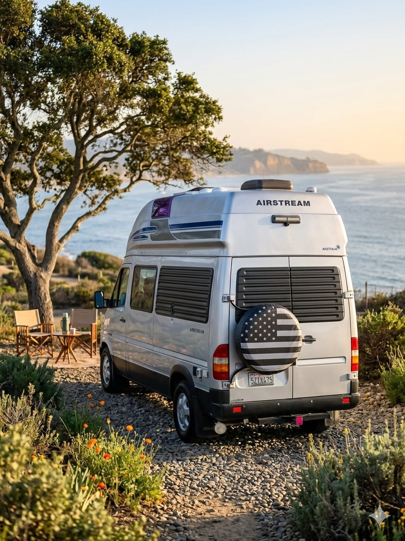 Enjoy coastal camping with this Airstream RV rental. Silver van, American flag spare, scenic ocean view & outdoor setup. — photo 10