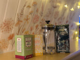 Cozy rv rental kitchen: Trader Joe's teas, coffee, & French press for your morning brew.
