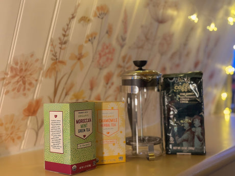 Cozy rv rental kitchen: Trader Joe's teas, coffee, & French press for your morning brew.