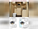 Large RV rental bathroom boasts 44" width. Diagrams show extra space compared to standard 29-31" layouts, enhancing comfort.