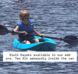 Young boy in blue kayak, life vest & shades. Youth kayaks are great RV rental add-ons for water fun!