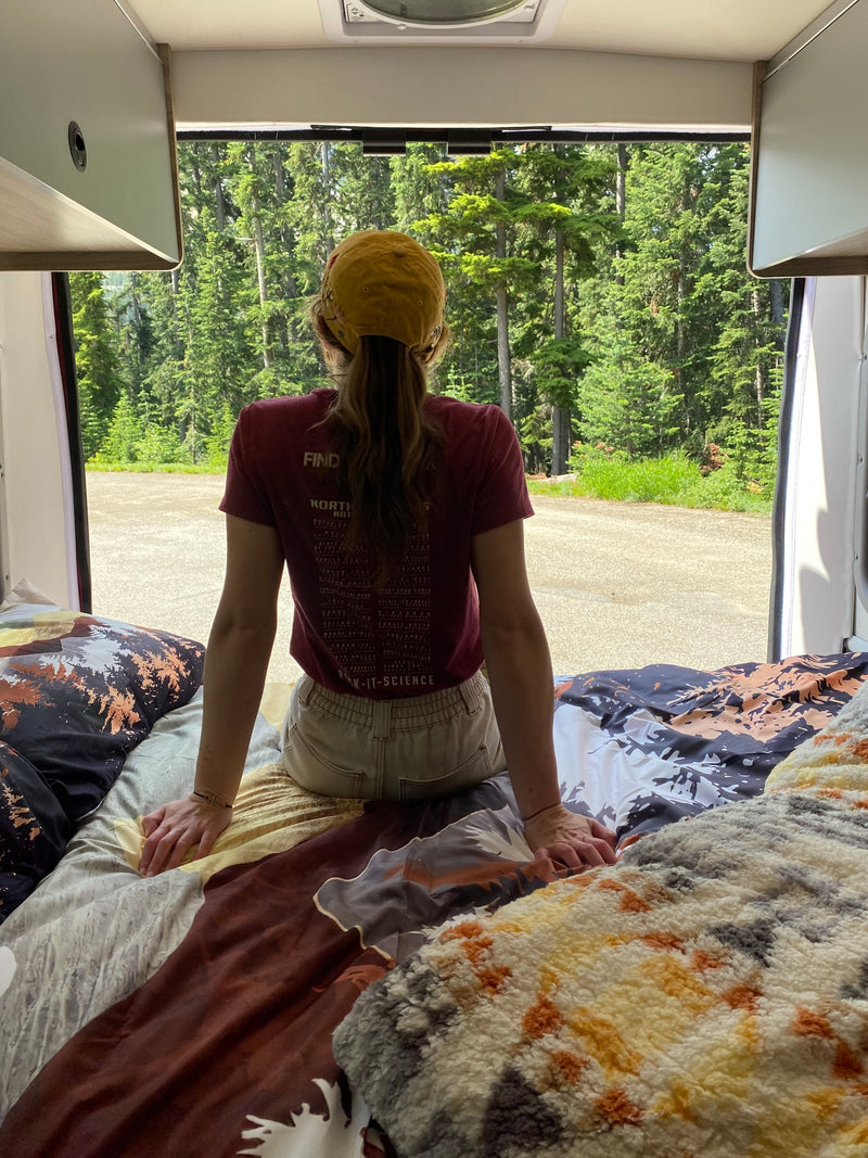  and lush forests under a clear sky.|RV rental camper van interior: rear storage with folded bed — photo 3