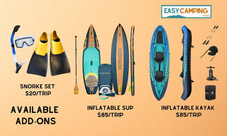 Enhance your RV rental trip with Easy Camping Maui's add-ons: snorkel sets, inflatable SUPs, and kayaks.
