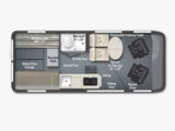 Detailed RV rental floor plan featuring a Murphy bed, wet bath, kitchen, and flexible dining/lounge area.