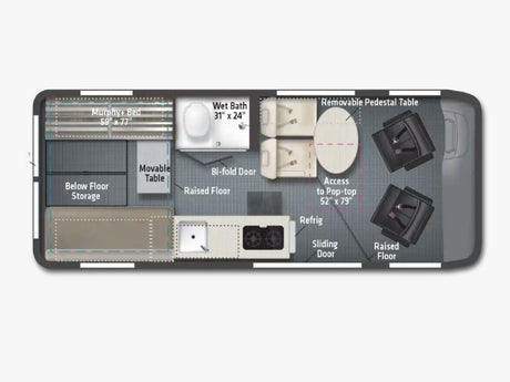 Detailed RV rental floor plan featuring a Murphy bed, wet bath, kitchen, and flexible dining/lounge area.
