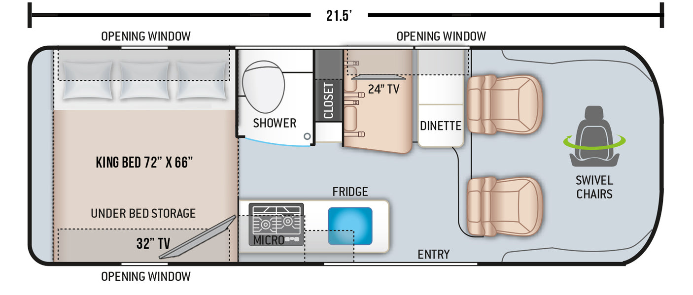 Detailed 21.5' RV rental floor plan.