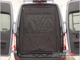 Rear view of an RV rental van with open back doors and a black fabric interior screen, showing cargo space.
