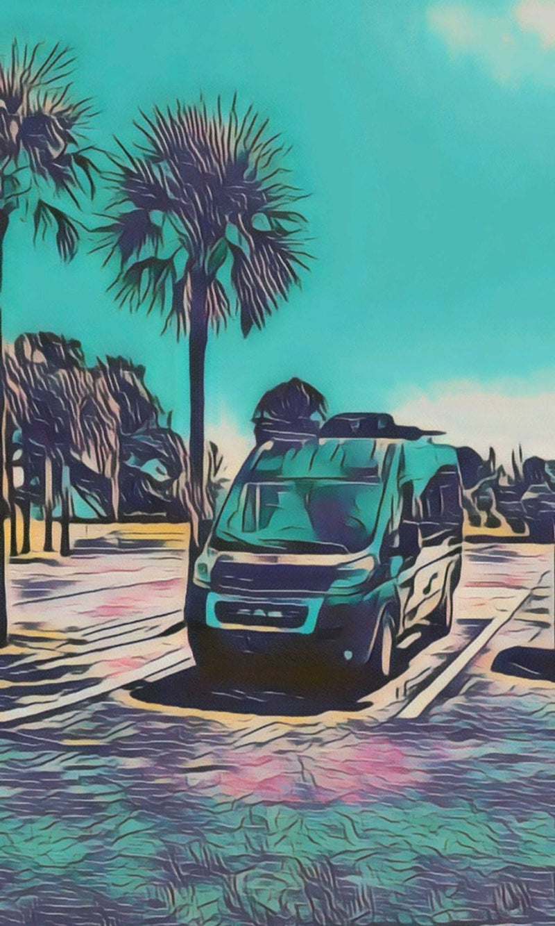 Vibrant, stylized RV rental parked under palm trees, suggesting a tropical travel adventure. — photo 15