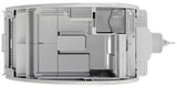Overhead view of an RV rental interior, revealing its practical layout with integrated bathroom, kitchen, and living spaces.