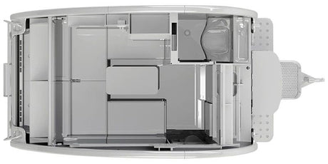 Overhead view of an RV rental interior, revealing its practical layout with integrated bathroom, kitchen, and living spaces.