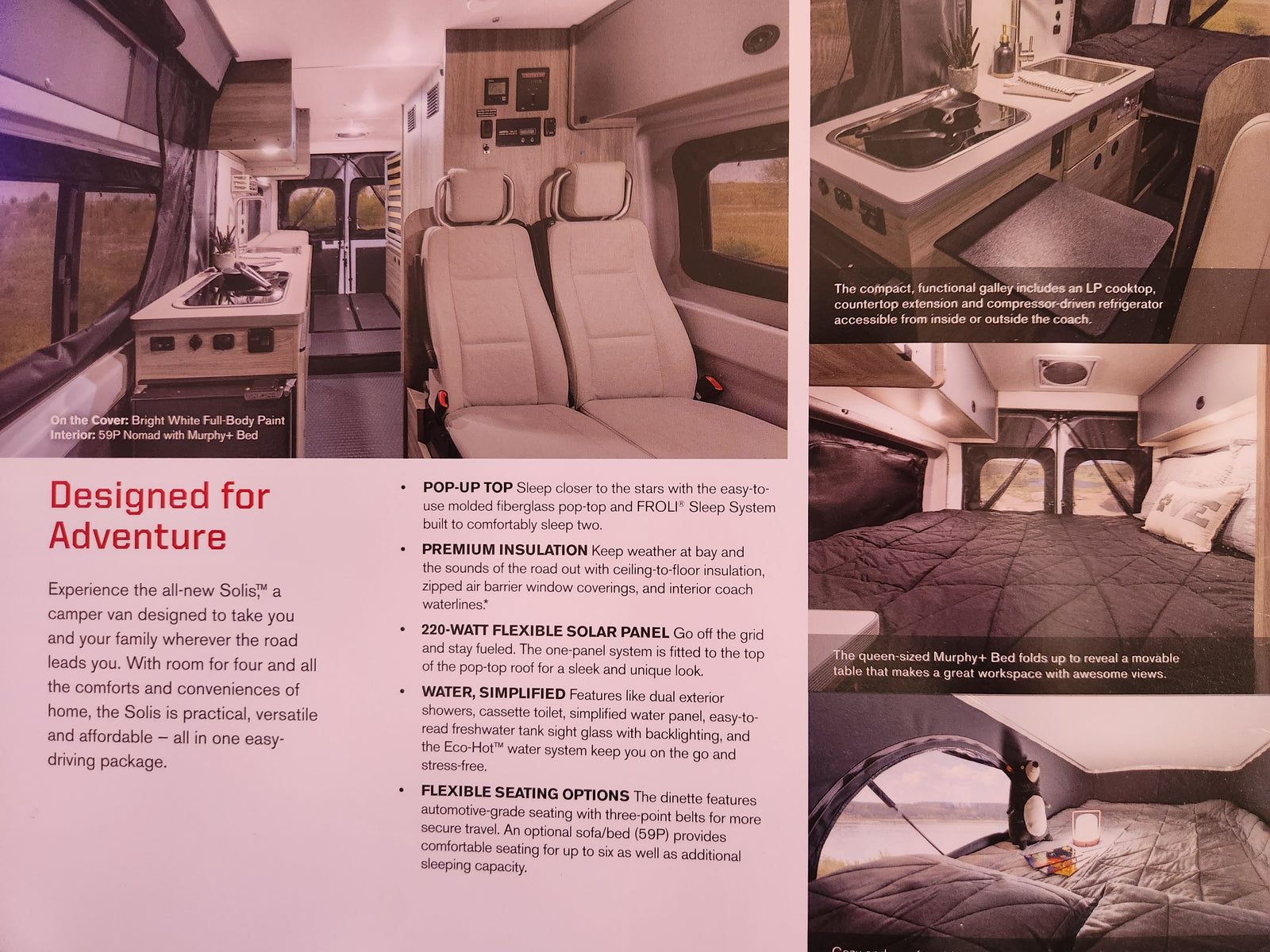 Explore this RV rental's versatile Solis camper van interior with pop-up top, Murphy+ bed, and galley for adventure.