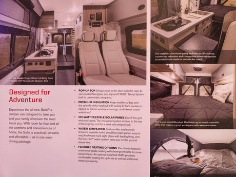 Explore this RV rental's versatile Solis camper van interior with pop-up top, Murphy+ bed, and galley for adventure.