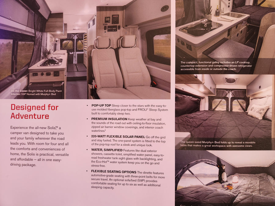 Explore this RV rental's versatile Solis camper van interior with pop-up top, Murphy+ bed, and galley for adventure.
