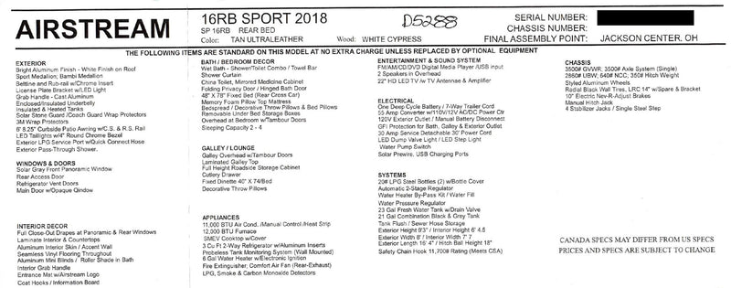 Airstream 16RB Sport 2018 RV specifications for potential rv rental. Details exterior, interior, systems & chassis. — photo 6