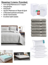 RV rental provides king/queen mattresses, bedding, 4 pillows, and 6 bath towels, as listed and shown.