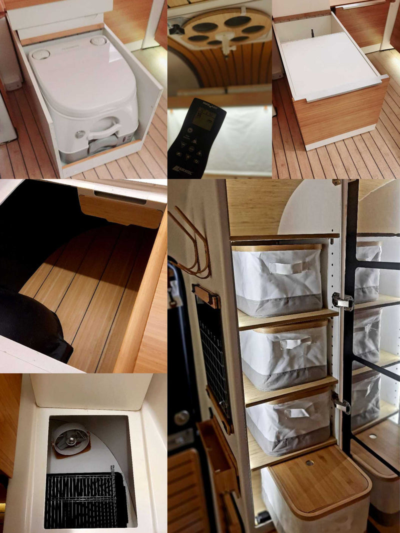 This RV rental optimizes space with a hidden portable toilet, smart storage bins, integrated fans, and clever compartments. — photo 18