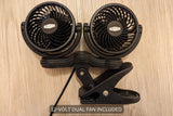 Stay cool in your RV rental with this 12-volt dual fan! Black, clip-on design, perfect for travel comfort.
