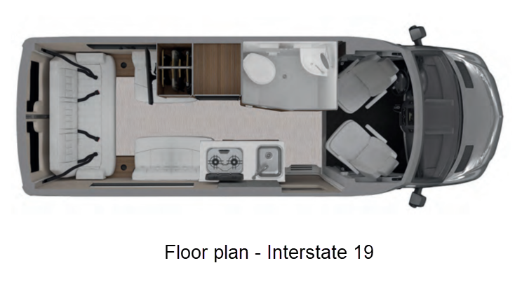 Detailed floor plan of an Interstate 19 RV rental, showing its interior layout with kitchen, bathroom, and sleeping area.