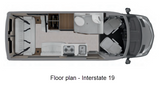 Detailed floor plan of an Interstate 19 RV rental, showing its interior layout with kitchen, bathroom, and sleeping area.