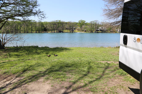 White RV rental parked beside a tranquil lake with ducks on the grassy shore, and homes visible across the water.