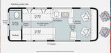This RV rental floor plan illustrates a detailed interior layout with a wet bath, twin beds, kitchen, and flexible dining space.