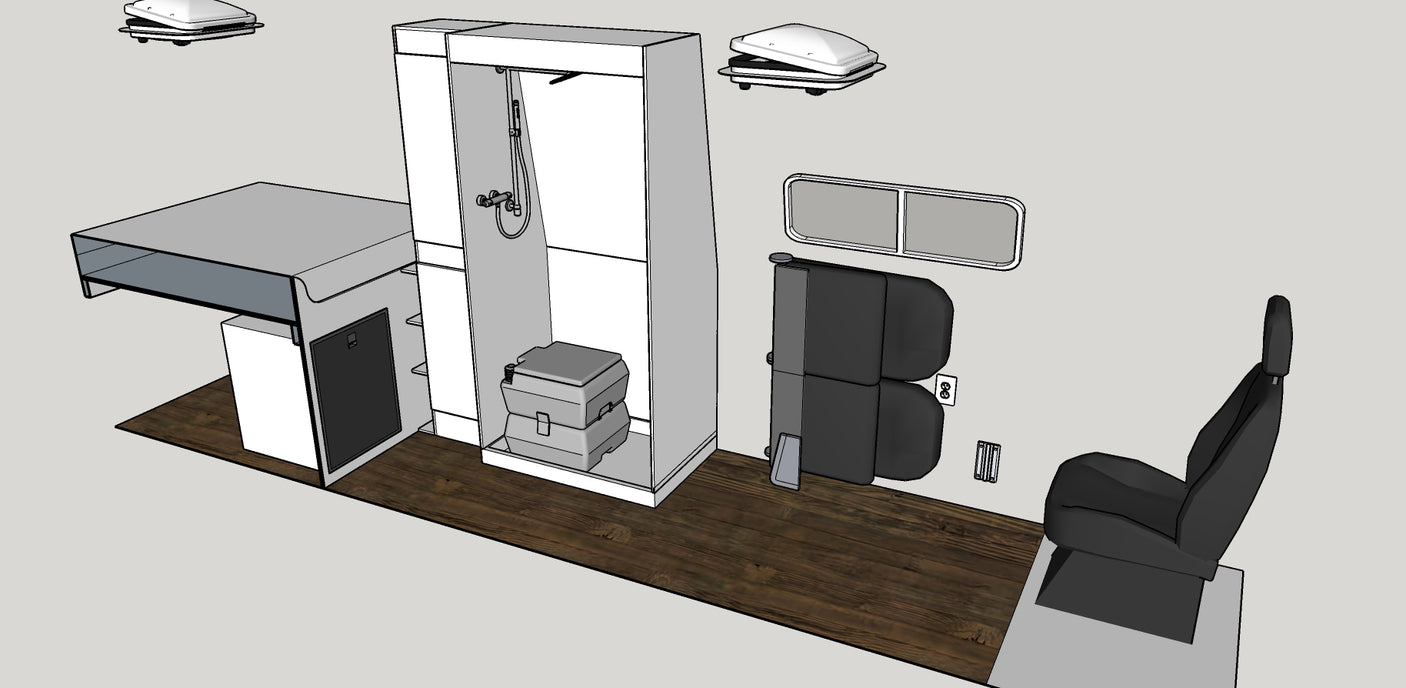 Explore this RV rental layout: bed, fridge, shower, composting toilet, and adaptable seating for adventure.