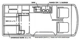 RV rental floor plan: Detailed interior layout with kitchen (sink, range, fridge), wardrobe, bed (43x74), and convertible rear bench/bunk.