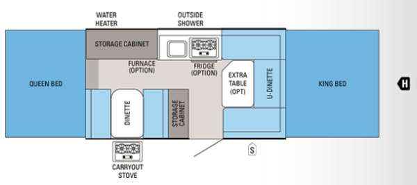 RV rental floor plan with Queen and King beds, dinettes, kitchen area, and storage. Ideal camper layout. — photo 10