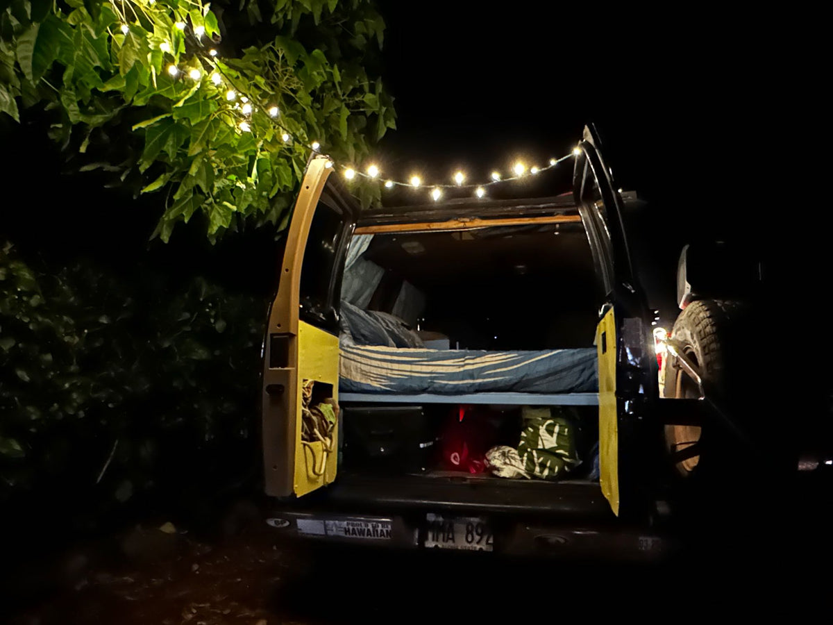  ready for a Hawaii adventure.|This rv rental features a custom camper van interior: blue palm tree curtain — photo 4