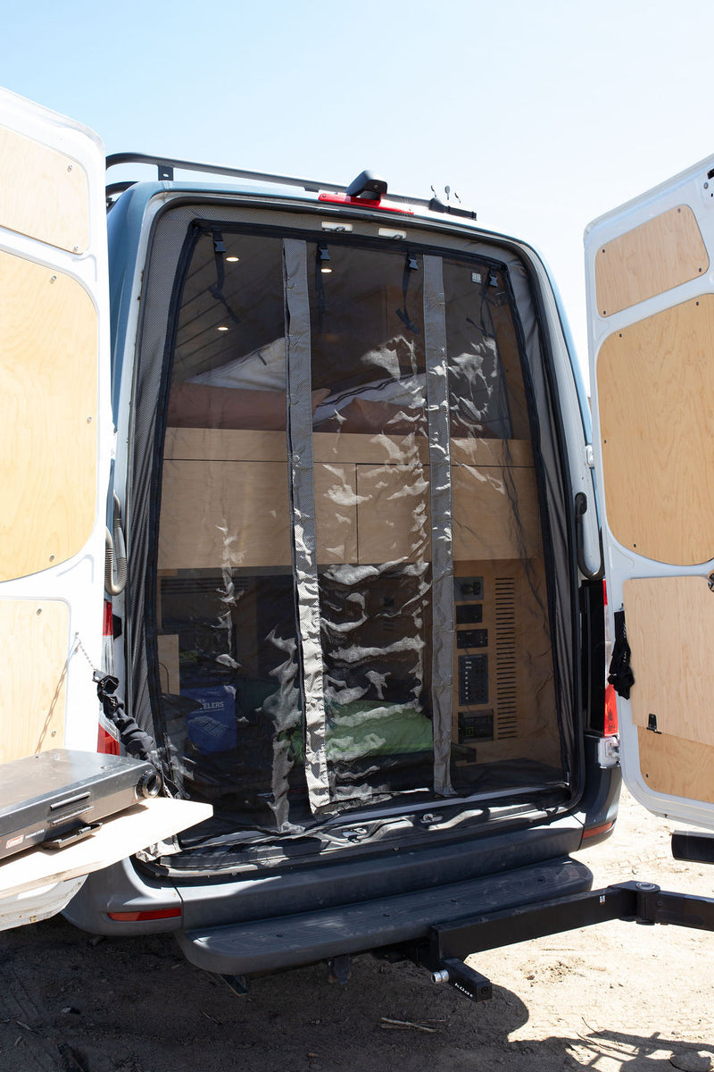  showing organized storage for camping gear like Lynx Levelers.|RV rental camper van's open rear — photo 4