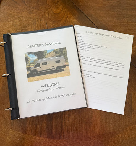 RV rental guide: Winnebago camper van renter's manual & orientation paperwork for a 2025 Solis 59PX.