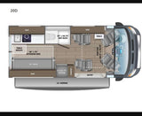 RV rental 20D camper van floor plan, detailing a wet bath, 48x76" extended bed, pop-top, kitchen, and seating areas.