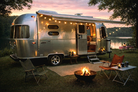 Cozy Airstream rv rental by a lake at sunset, lit by string lights and a campfire, offering a perfect camping escape.