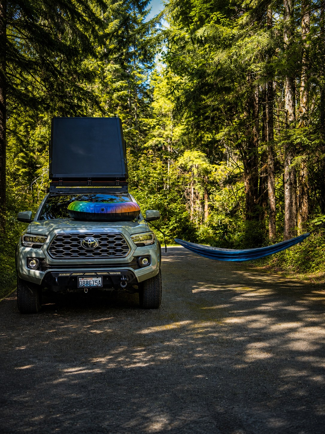  surrounded by forest. Ideal RV rental adventure.|View from a Toyota steering wheel and dashboard overlooking a scenic lake and forest