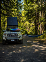  surrounded by forest. Ideal RV rental adventure.|View from a Toyota steering wheel and dashboard overlooking a scenic lake and forest