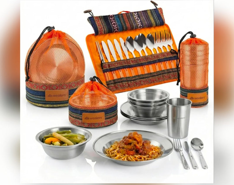 Wealers compact stainless steel dining set with plates, bowls, cups & cutlery, ideal for RV rental and camping adventures. — photo 18
