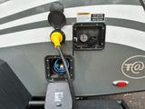 This RV rental's utility panel shows a yellow power cord, blue water hose, and city water connection with warning labels.