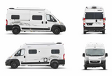 White Winnebago Solis camper van displayed from various perspectives, perfect for an RV rental road trip.