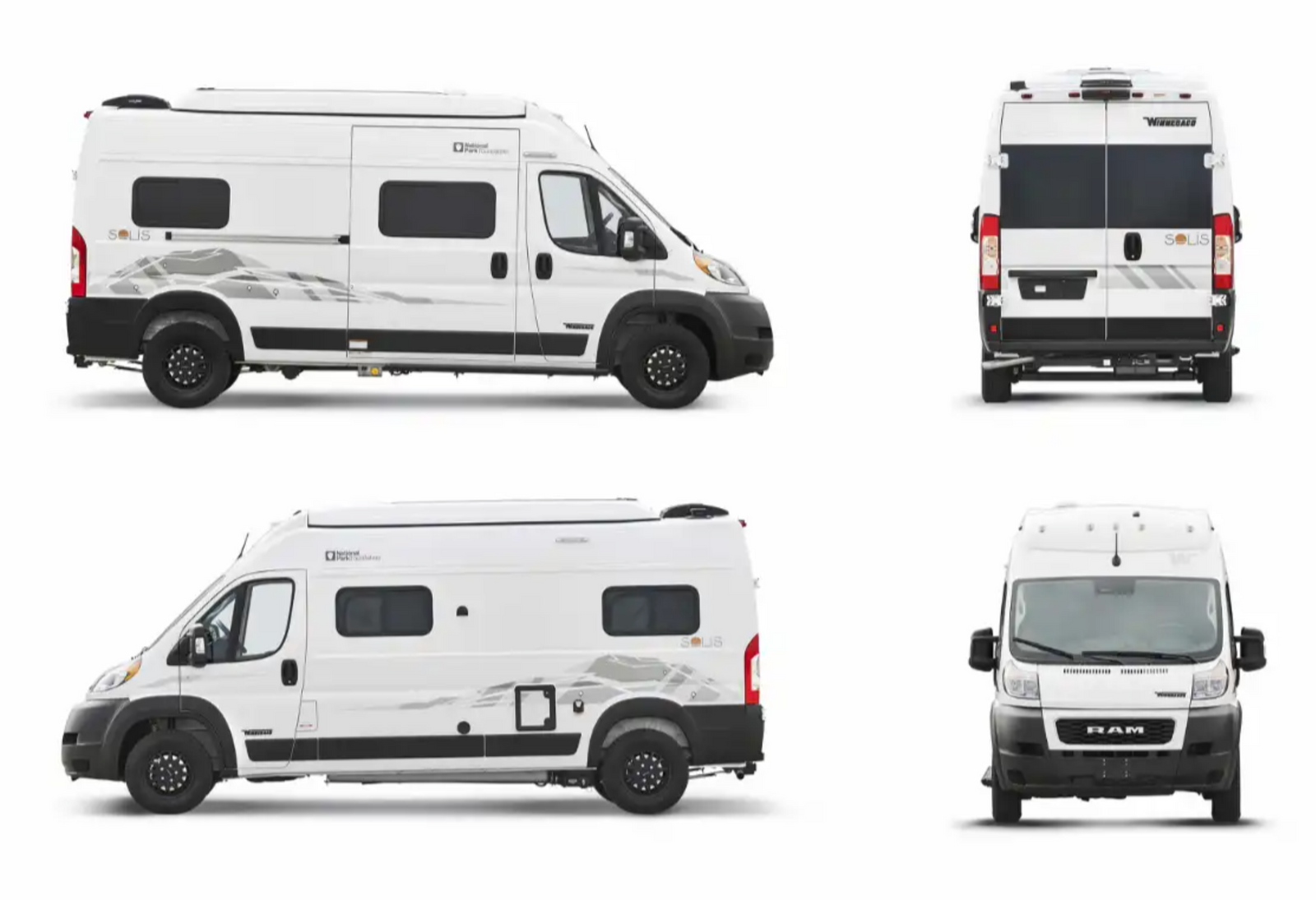 White Winnebago Solis camper van displayed from various perspectives, perfect for an RV rental road trip.
